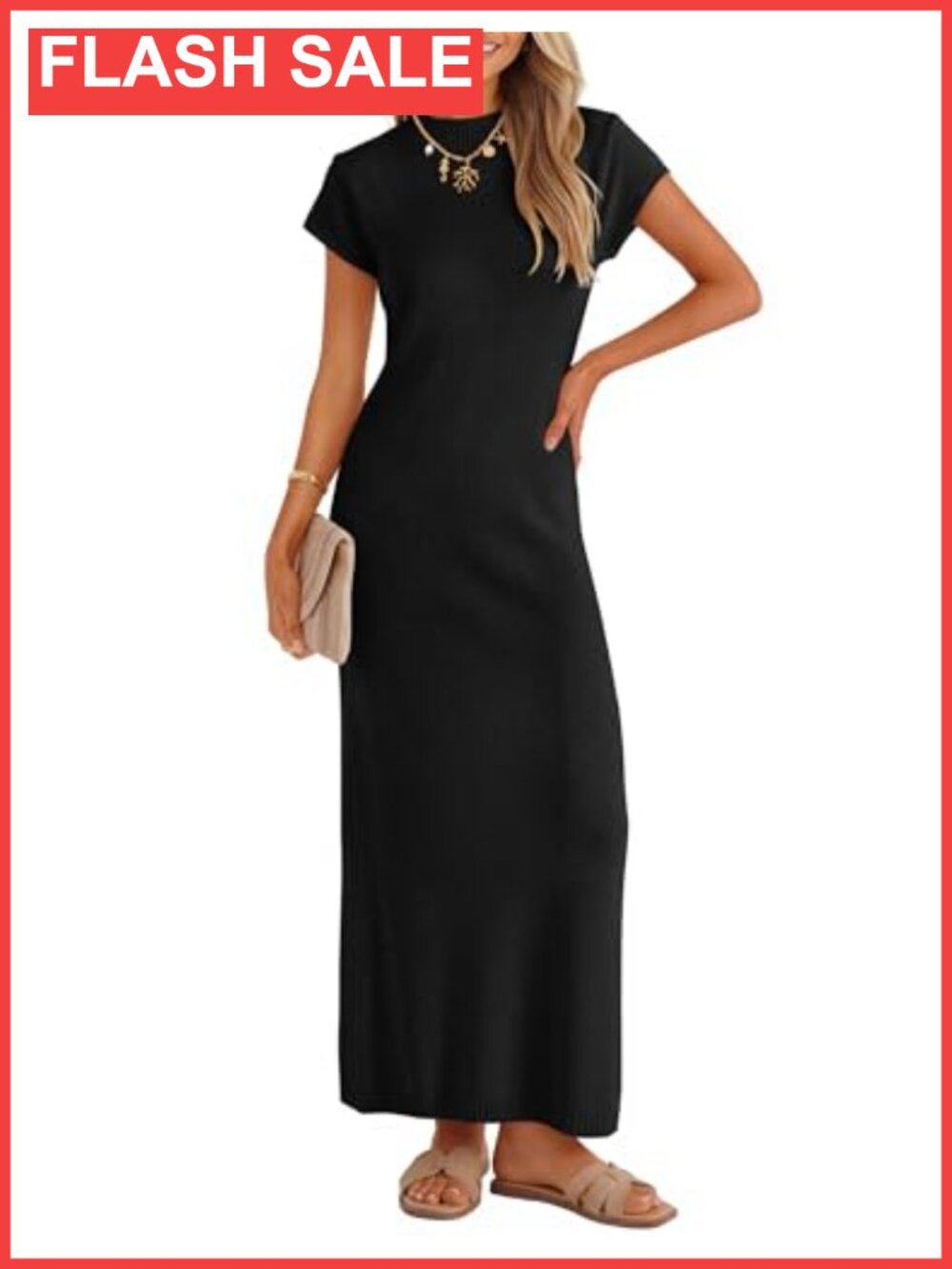 Knit Sweater Maxi Dress Short Sleeve Bodycon Crewneck Slim Fit